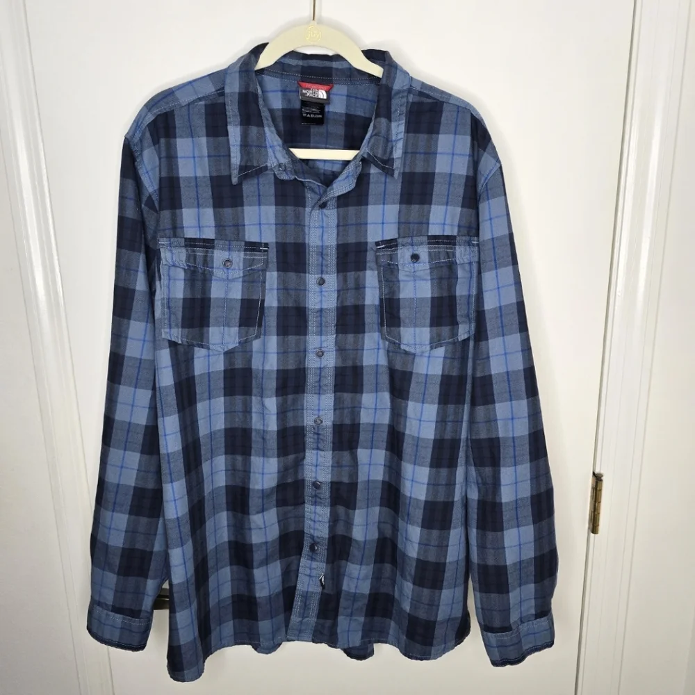The North Face Blue Plaid Casual Snap Button Down Shirt XXL